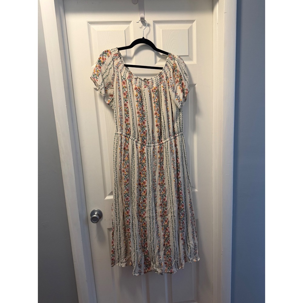 Old Navy Women Floral Stripe Smocked Midi Dress Cream Multi Tall Large L Tall